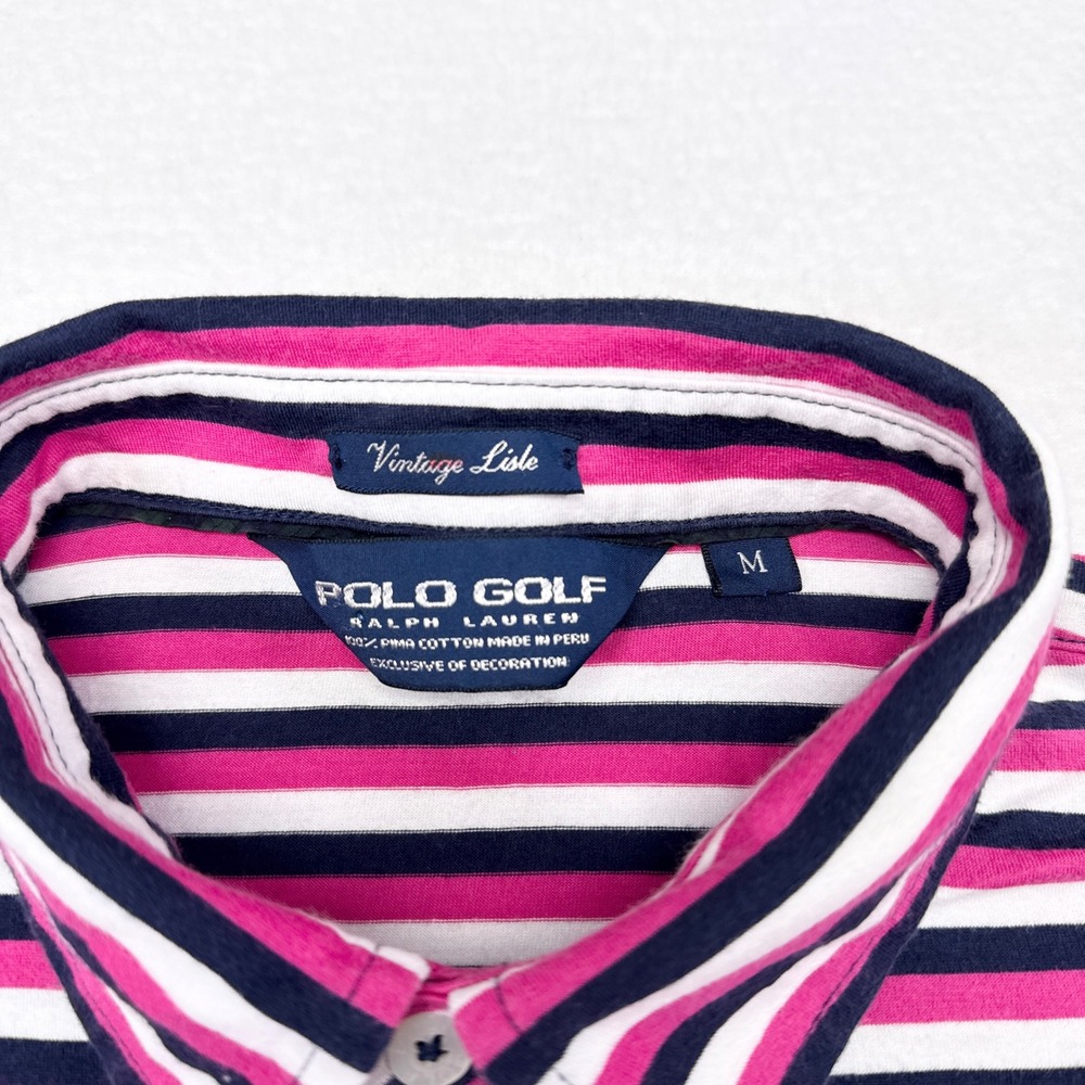 Ralph Lauren Polo Golf Shirt Mens Size‎ Medium Pink Blur Striped Vintage Lisle - Picture 4 of 7